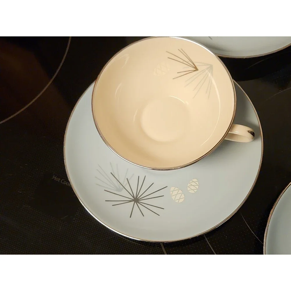 Set Of 4 Vintage MCM Franciscan Silver Pine Tea Cup & Saucer Sets Very Nice